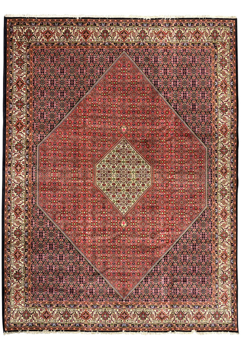 Full view of rare size Persian Bijar iron rug with deep red field, ivory medallion, dense Herati pattern, and highly detailed floral border