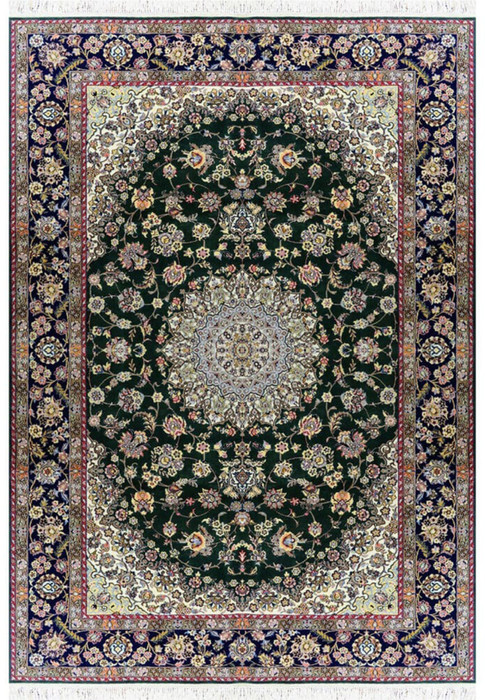 7x10 deep forest green Persian Nain 9LA rug with ivory medallion, navy floral border, fine wool and silk detail, hand knotted in Iran