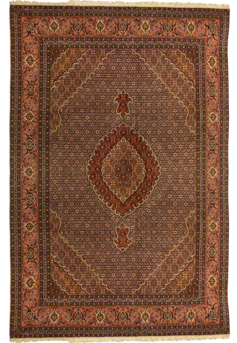 Full view of 6'6 x 10 Persian Tabriz Mahi rug with allover Herati design and earth tone palette