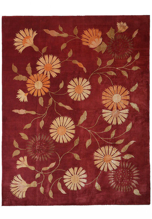 7'9 x 10 modern Tibetan rug handwoven with New Zealand wool and silk, featuring a deep red field and flowing floral motifs with soft luminous highlights