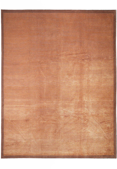 Full view of an 8 x 10'2 handmade modern Tibetan rug in warm brown tones, featuring a textured wool and silk surface with a soft luminous finish