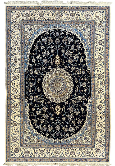 6'5 x 10 Persian Nain 6 LA silk rug with midnight navy field, ivory floral medallion, symmetrical design, refined borders, and detailed hand knotted craftsmanship