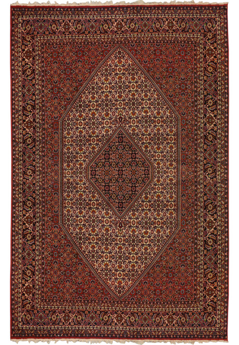 Full view of a 6'5 x 10 authentic Persian Bijar rug featuring a deep brick red field, ivory diamond medallion, dense floral motifs, and dark navy borders