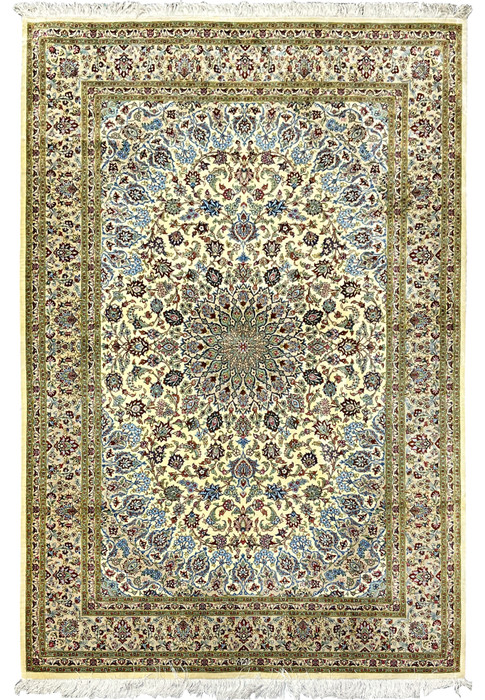 Full view of a 4'5 x 6'7 signed Persian Qum pure silk rug featuring an intricate floral medallion, ivory field, fine knot density, and classic Persian symmetry.