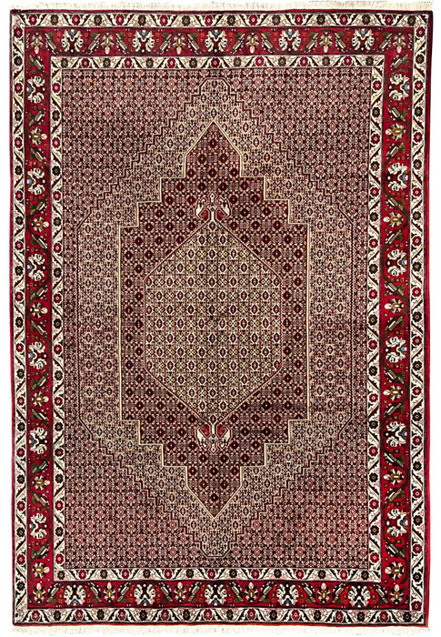 Full view of a 7'4 x 9'8 Persian Senneh rug with deep burgundy field, dense geometric patterning, stepped medallion, and ivory outlined motifs