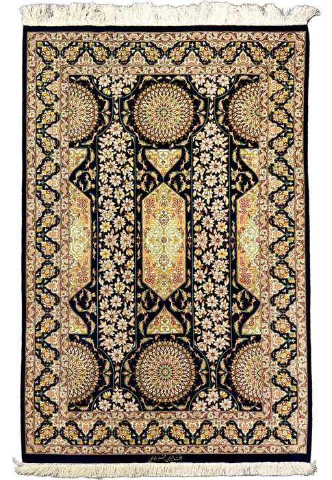 Persian Qum pure silk rug full view navy field with floral panels rosette medallions ivory flowers and intricate signed border handmade 1000 KPSI