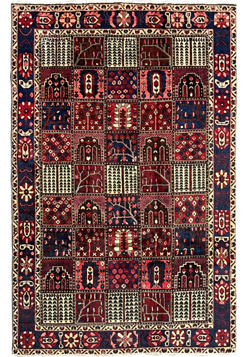 Hand-knotted 7x10 Persian Bakhtiari wool rug with red and navy panel design, full view