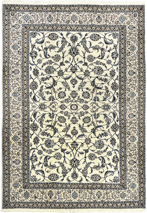 Hand-knotted 8x11 Persian Nain 9La wool and silk rug with ivory and navy allover floral design, full view