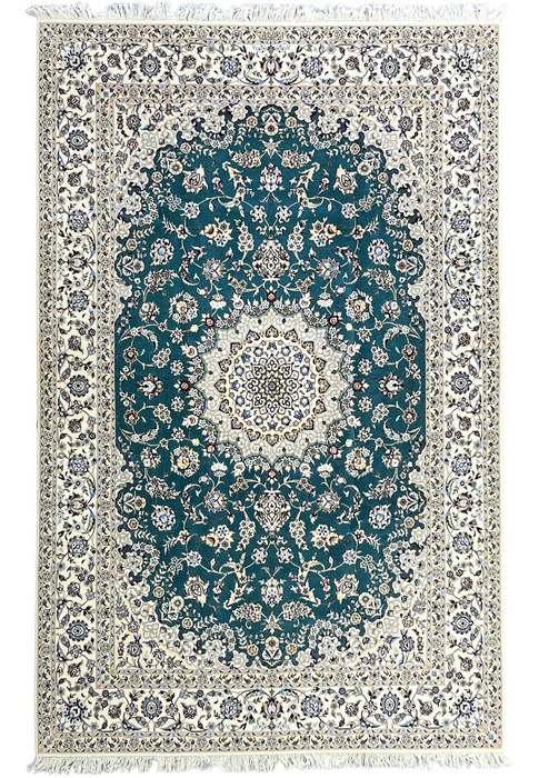 Fine 7x10 Persian Nain 6La Habibian rug, teal field ivory medallion, wool and silk, full view