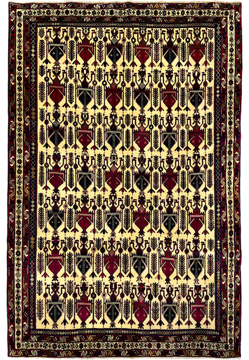 Hand-knotted 5x8 Persian Afshar tribal rug, ivory ground boteh vase design in navy and burgundy