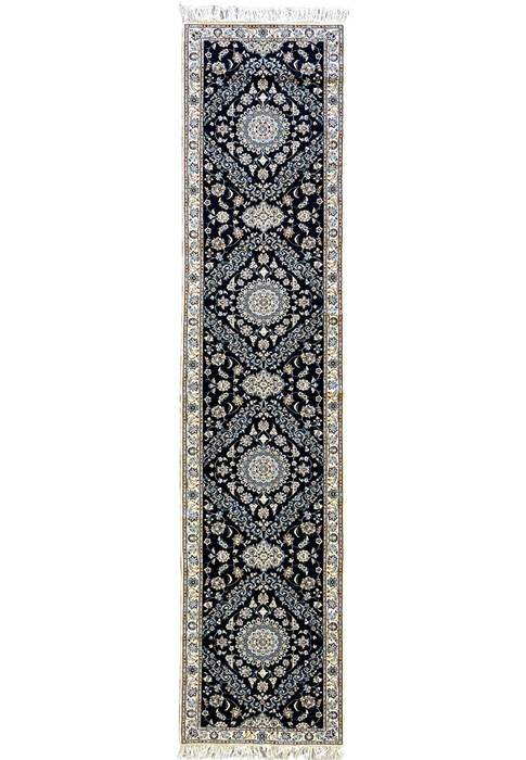 2'9x13 Persian Nain 6La navy blue ivory wool silk multi-medallion runner full view