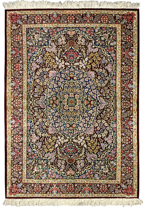 3x5 Persian Qum pure silk rug Varmaluei burgundy ivory gold coral rose floral border closeup