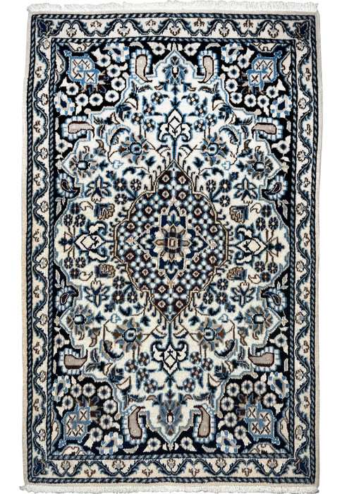 3x5 Persian Nain rug ivory navy medallion arabesque floral full view