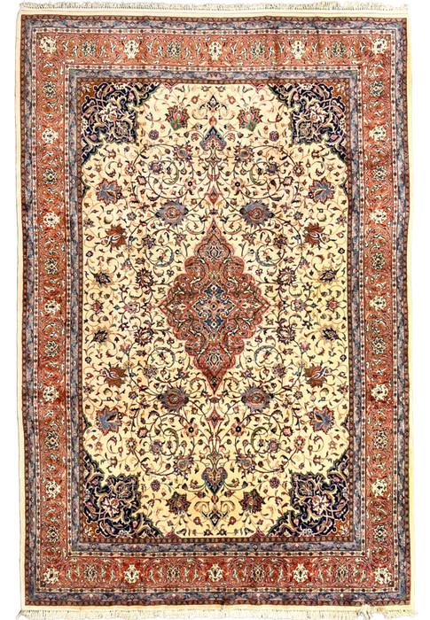 9x13 Persian Sarough rug ivory field rust border floral medallion full view hand-knotted wool