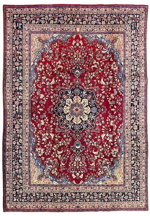 10x13 distressed antique Persian Mashad rug red field navy border floral medallion full view