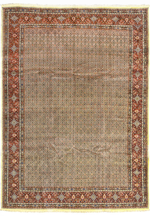 Authentic 10x13 Persian Moud rug full view, cream field with allover Herati design and red border