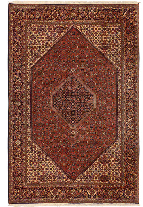Authentic 7x10 Persian Bijar iron rug full view, rust red field with navy diamond and ivory corners