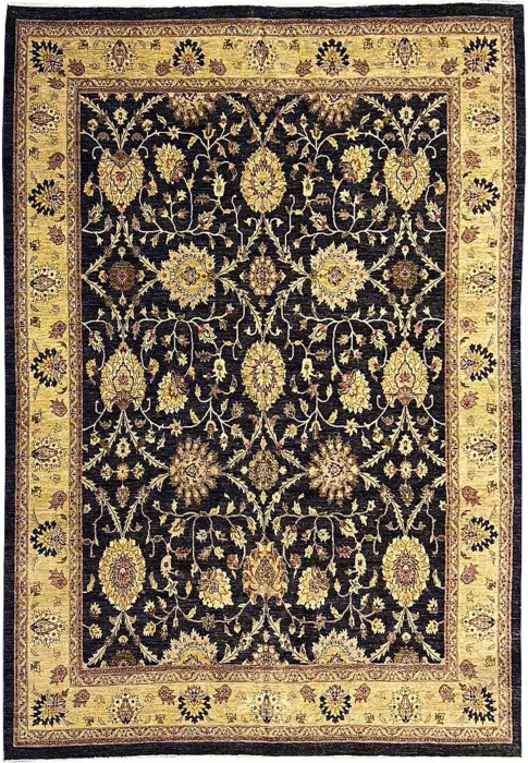12x15 authentic Oriental Agra rug full view with black field, gold floral palmettes, and antique gold border