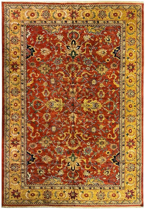 Hand-knotted 12x18 Oriental Agra mansion rug full view with red field, gold border, all-over Mughal florals