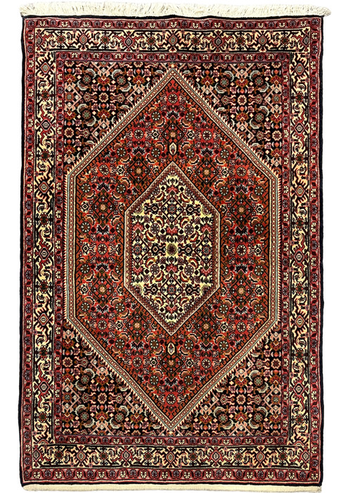 3x5 Persian Bijar rug full view with hexagonal ivory medallion on rust red and navy field