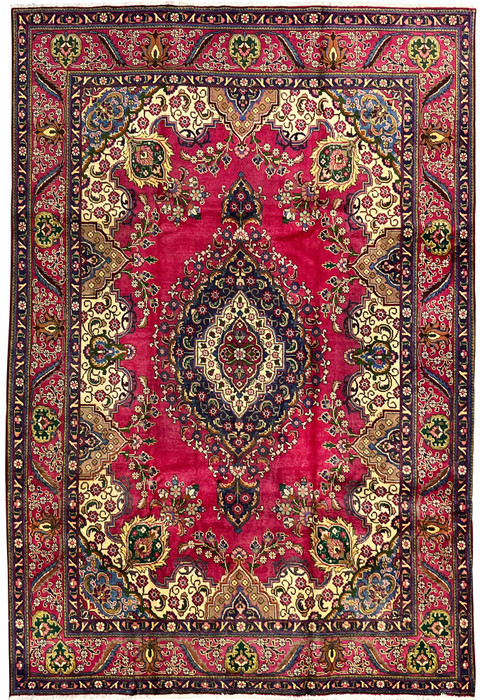 8x11 Persian Kerman rug full view, magenta field with navy medallion and ivory spandrels, authentic handmade wool on cotton