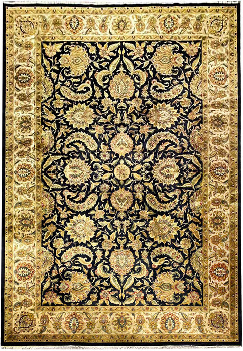 Oversize 12 by 18 Oriental Jaipur rug, midnight blue field with antique gold border and Mughal allover floral