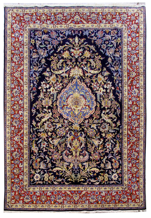 8x11 Persian Isfahan rug full view, navy field with blue medallion and red border