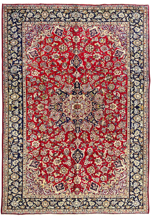 9'6 x 12'5 Persian Najafabad rug, hand-knotted wool with deep red field and navy floral border, traditional medallion