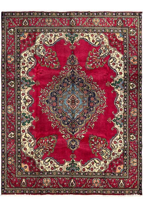 9'8 x 12'1 Persian Tabriz rug, hand-knotted wool with red field, navy medallion and ivory corner spandrels