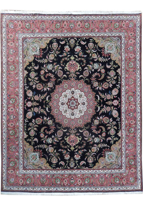 Full view of the master workshop Tabriz rug in black rose sage and powder blue