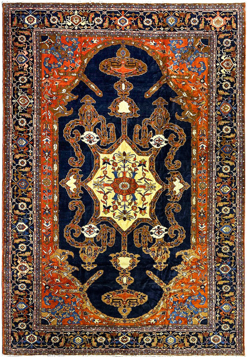 14'2 x 19'2 oversize Persian Heriz rug with navy field and ivory star medallion