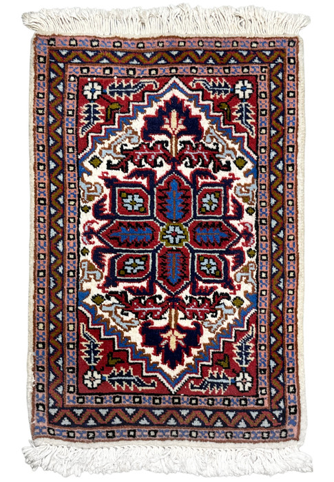1'3 x 2 Persian Ardebil rug with red field and ivory and blue geometric medallion