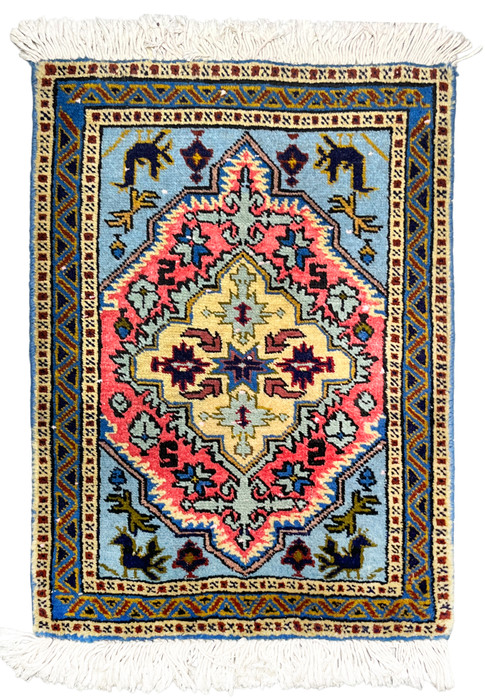 1'3" x 2' Ardebil Persian sample rug, powder blue field, coral stepped medallion, tribal animals, ivory fringe