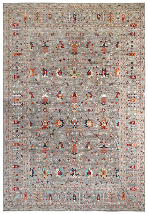 18'3" x 23'9" Afghan Sultani palace size rug, grey field, all-over floral, tribal border, brand new