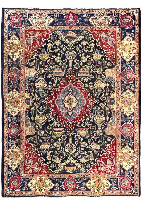 8x11 Persian Kashmar Zirkhaki rug, navy field with ancient archaeology pictorial design and central medallion