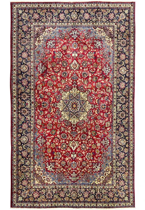 10 x 16 Persian Najafabad rug with a red field and navy floral border, hand-knotted wool