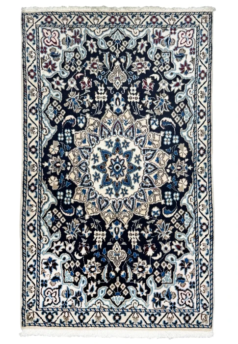 3 x 5 Persian Nain rug with an ivory star medallion on a navy blue field, hand-knotted wool