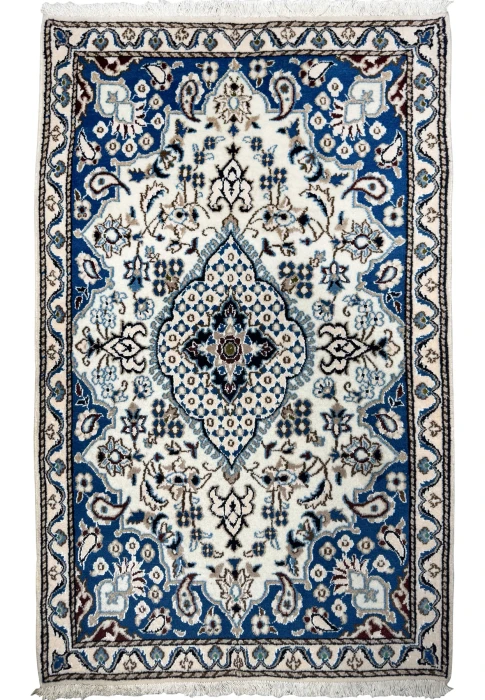 3 x 4 Persian Nain rug with an ivory medallion on a royal blue field, hand-knotted wool