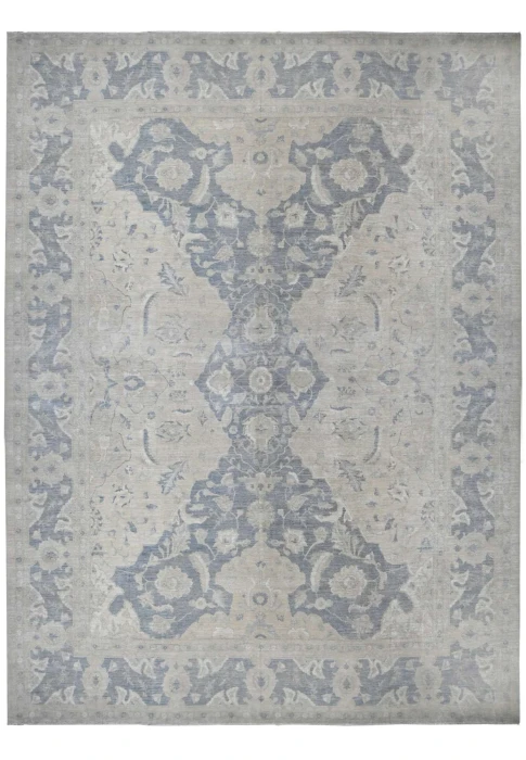 18 x 24 palace-size Peshawar rug with a paper-white field and slate-blue Polonaise design