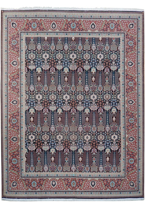 10 x 13 Persian Tabriz rug with a navy allover vase design and brick-red border, wool and silk