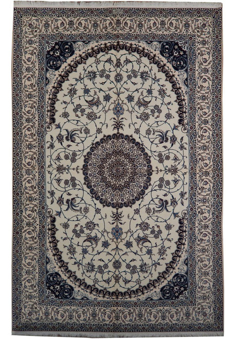 7x10 Persian Nain Habibian 6La rug with ivory field and round navy medallion, wool and silk