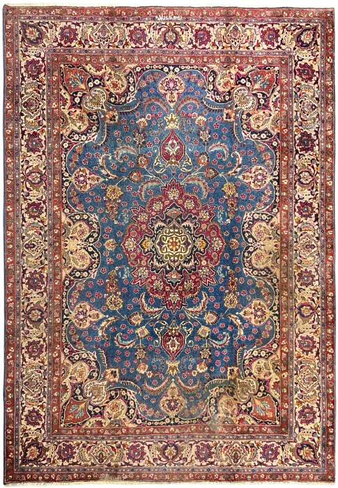 Signed distressed Persian Mashad rug with denim blue field and red floral medallion, 8x11