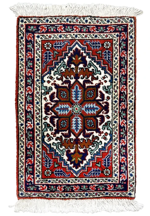 1x2 Persian Ardebil baby rug with stepped geometric medallion in red, ivory, and navy