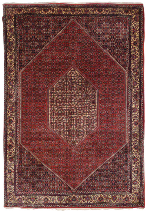 7x10 Persian Bijar iron rug with Herati fish pattern in red, navy, and cream layers