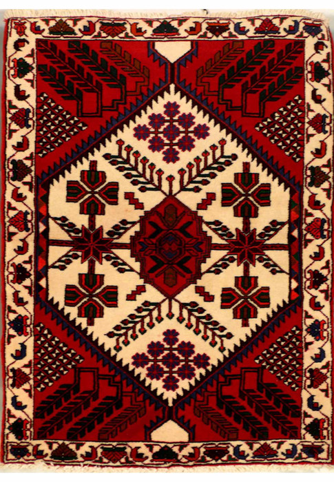 Full view of the 3'6 x 5 Persian Shahsavan rug displaying its intricate design