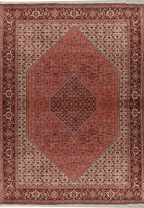 6'6" x 10'2" Persian Bijar rug with classic Mahi design, showcasing intricate floral patterns and a deep red field.
