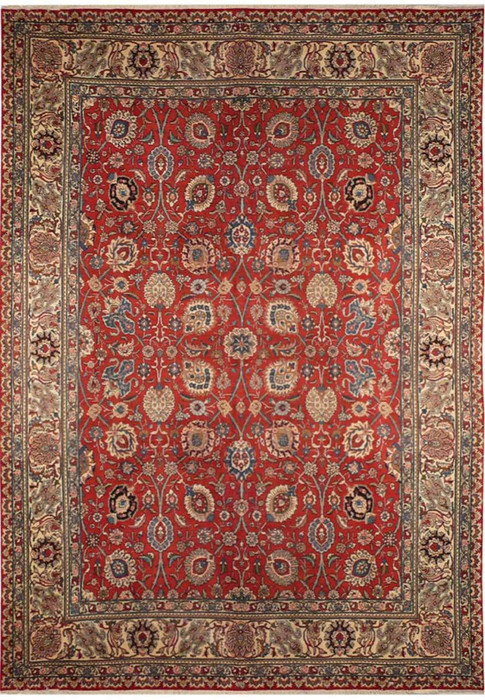 Full view of the vintage 10 x 13'5 Persian Tabriz rug with rusty red allover floral field
