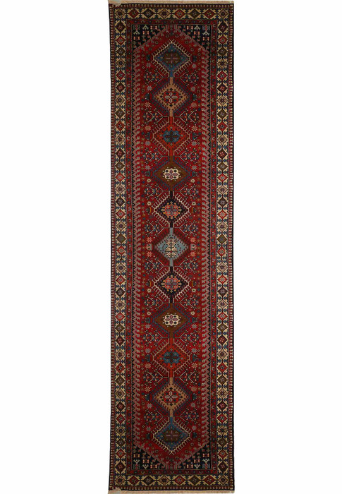 Top view of 3' x 14' Persian Geometric Yalameh Rug featuring intricate geometric patterns
