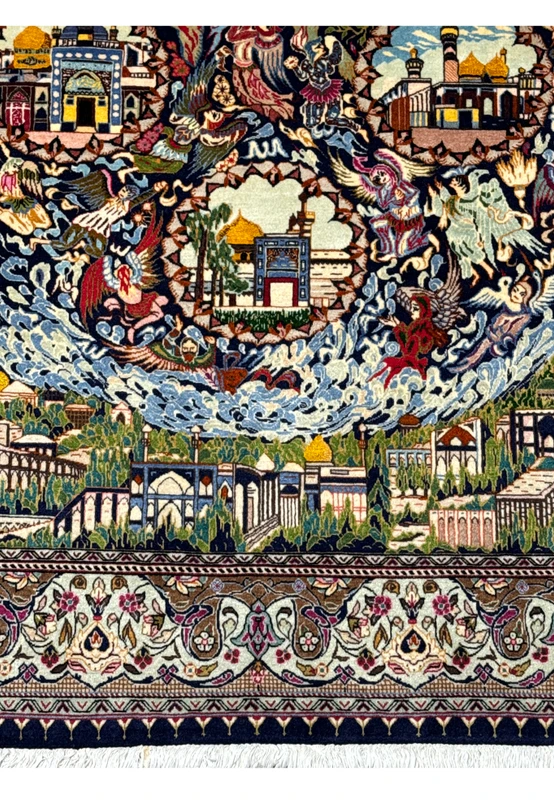 Intricate border design of a Persian Tabriz rug featuring floral patterns and spiritual motifs