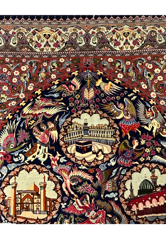 Detailed depiction of religious buildings and celestial beings on a Persian Tabriz rug